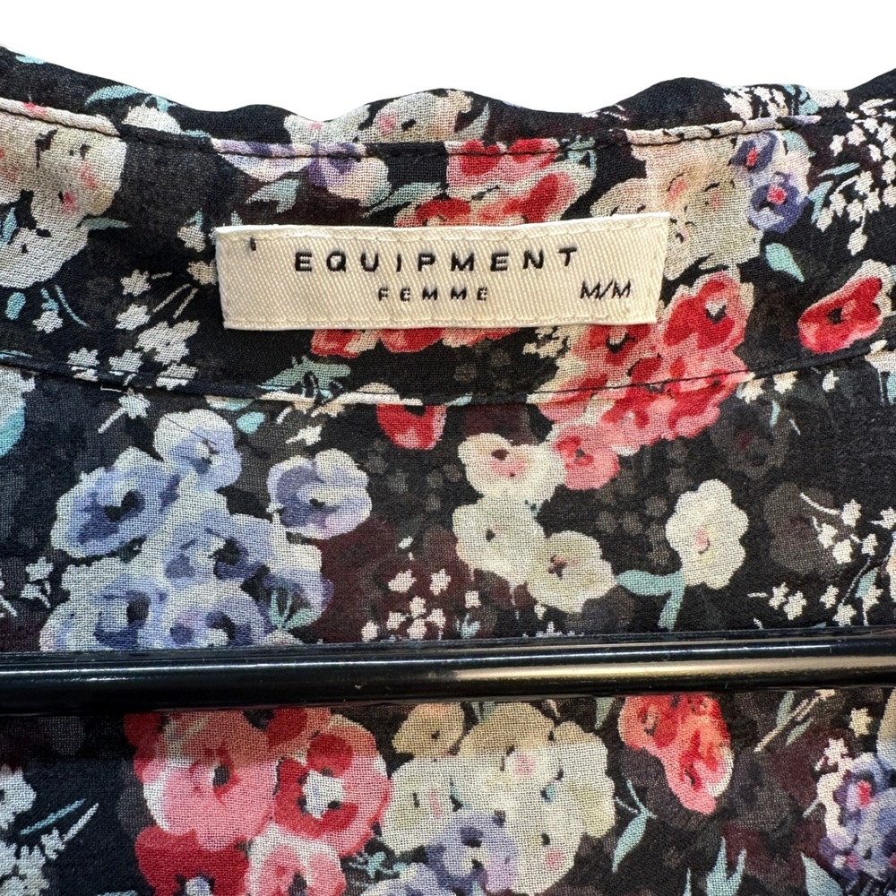 Equipment Femme Black Romantic Floral Whimsigoth 100% Silk Blouse Shirt Medium - Picture 5 of 8